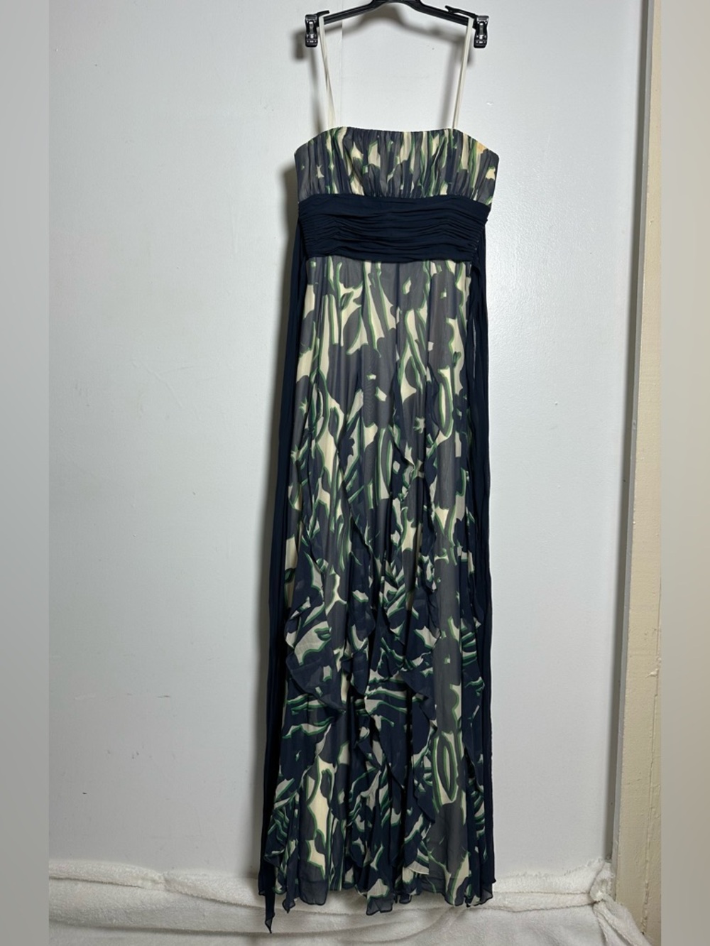 BCBGMaxAzria Navy and Green Strapless Printed Maxi Dress Sz 0